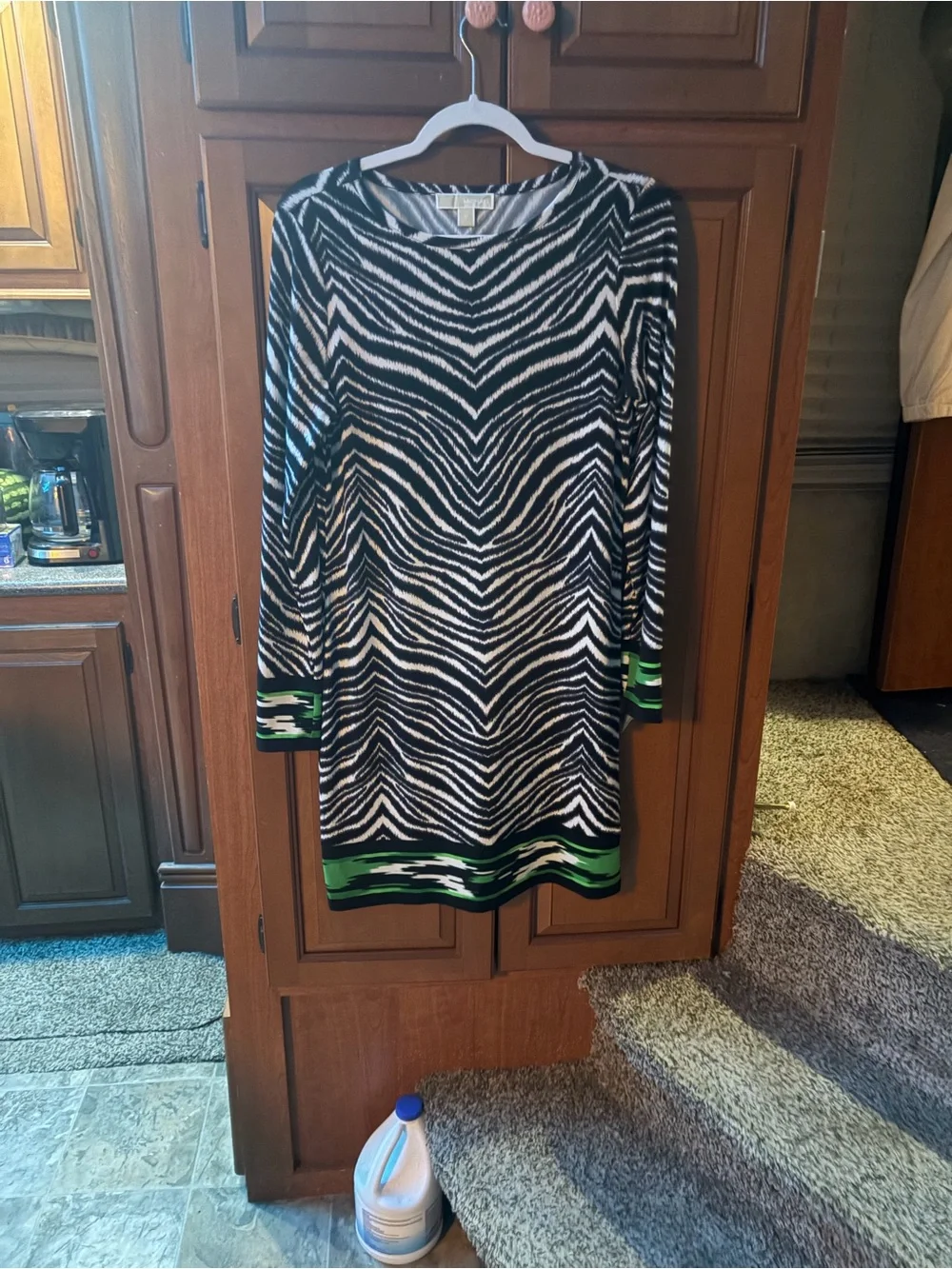 Michael Kors Black and White Zebra-Print Long Sleeve Dress with Green Trim